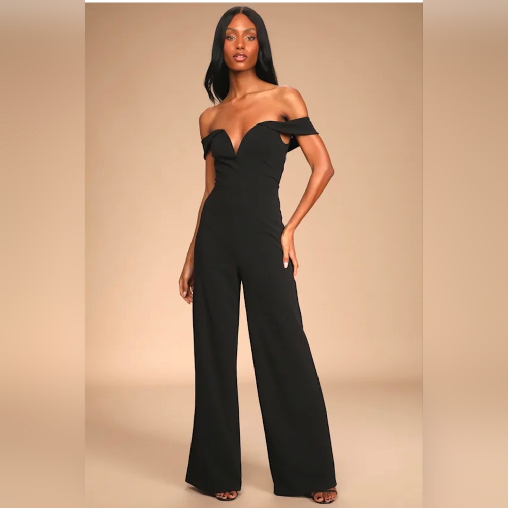NWT Lulus Classy Evening Black Off-the-Shoulder Wide-Leg Jumpsuit | Size M